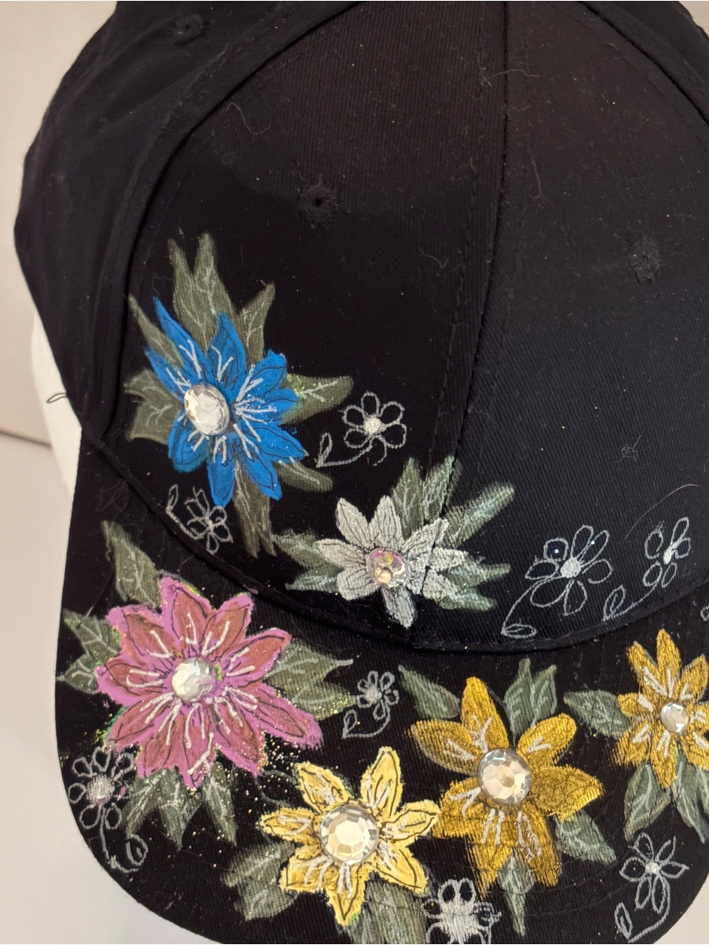 Black Floral Embroidered Baseball Cap with Rhinestones